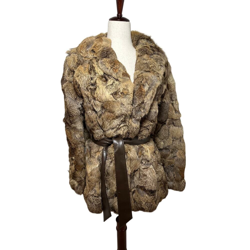 Vintage Kamal Brown Beige Rabbit Fur Coat Leather Belt Size Medium